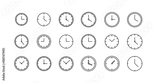 Modern set of thin outline clock icons. Minimalist black line art with consistent stroke for professional UI design, time management apps, and web interfaces. Clean vector symbols on white
