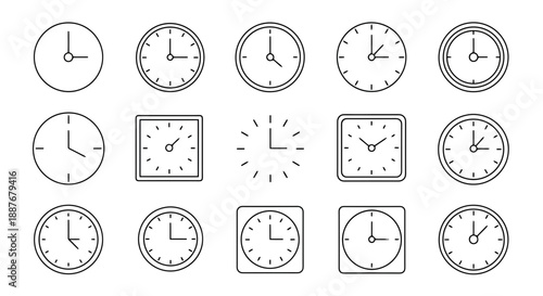 Modern set of outline clock icons in minimal line art style. Clean geometric vector symbols with consistent stroke for UI design, time management apps, and professional web interfaces