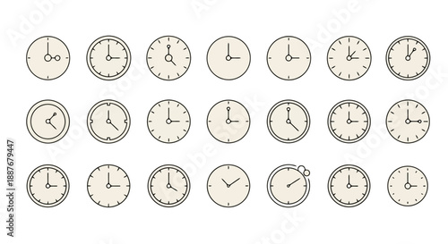 Professional minimal clock icons featuring clean line art. Modern and simple circular vector symbols for UIUX design, scheduling apps, and business projects. Editable stroke on white