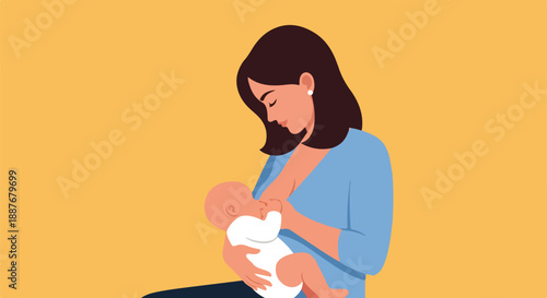 Mother Breastfeeding Baby, Illustrative Image on Yellow Background