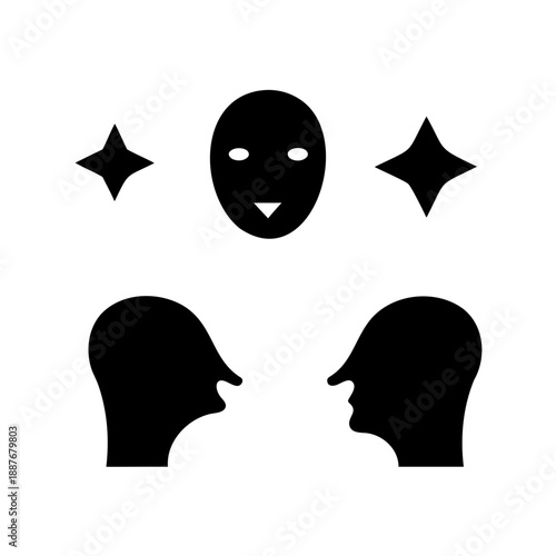 Stylized Symbolic Iconography of Masks, Starglitter, and Communicating Faces