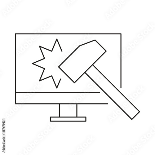Broken computer monitor with hammer icon