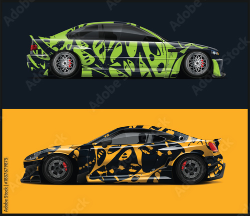 Stylish sports car with vibrant graffiti wrap design