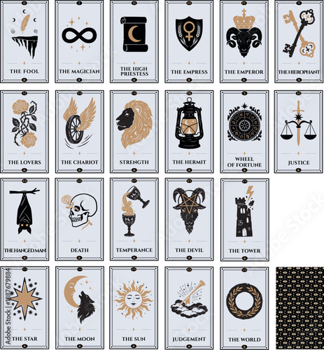 Major Arcana Tarot Card Vector Set. Mystic silhouette symbols with woodcut texture
