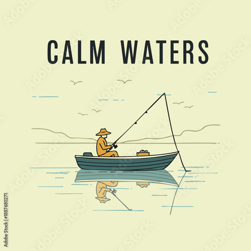 Minimalist Line Art Fisherman Silhouette On Boat Fishing Recreation Illustration