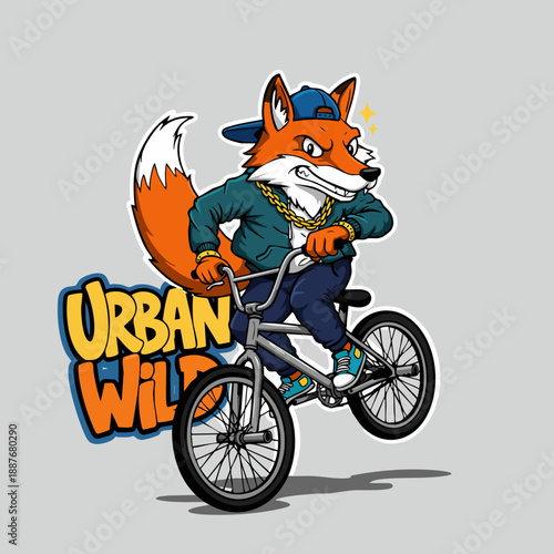 Cartoon Style Detailed Fox Riding Bicycle Urban Wild Illustration