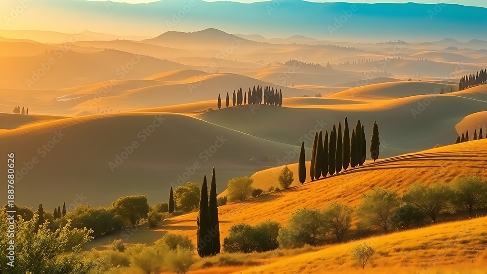 Obraz premium cypress. Rolling Tuscan hills with cypress trees bathed in golden sunlight, evoking tranquility. travel magazines, destination branding, designed for outdoor magazines and nature guides. 