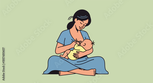 Mother Breastfeeding Baby, Sitting and Embracing, Vector Illustration