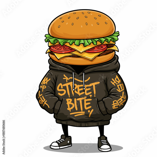 Cartoon Detailed Burger Wearing Hoodie Street Style Character Illustration