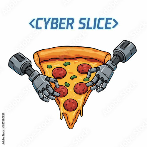 Digital Handdrawn Cyber Slice Pizza Futuristic Food Illustration