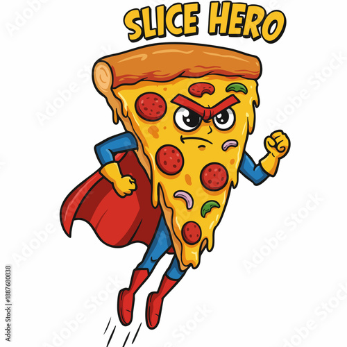 Cartoon Styled Delicious Slice Pizza Superhero Character Design Illustration