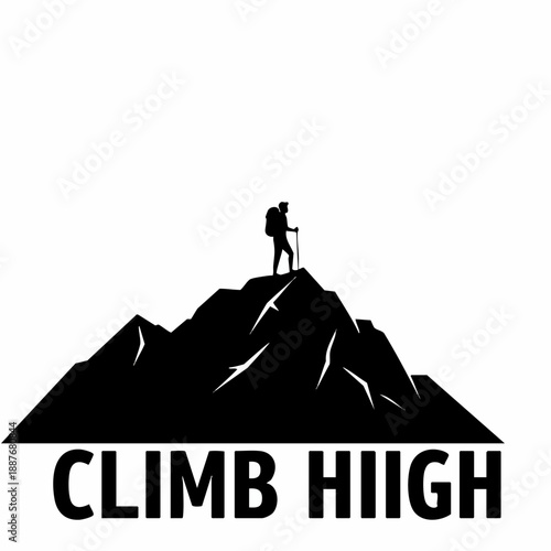 Silhouette Mountain Climber On Top Peak Achievement Hiking Illustration