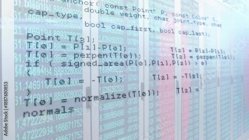 On opening transparent overlay scrolling and panning, revealing code routines across server racks