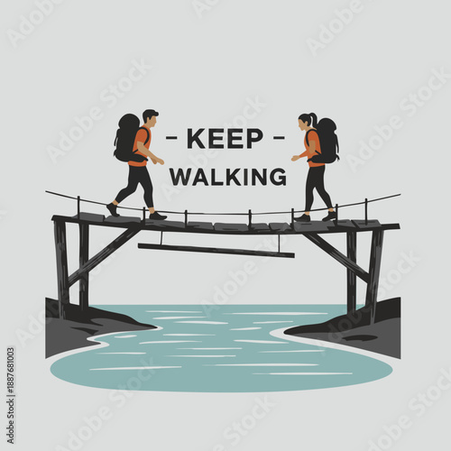 Flat Cartoon Couple Walking Across Broken Bridge with Backpack Illustration