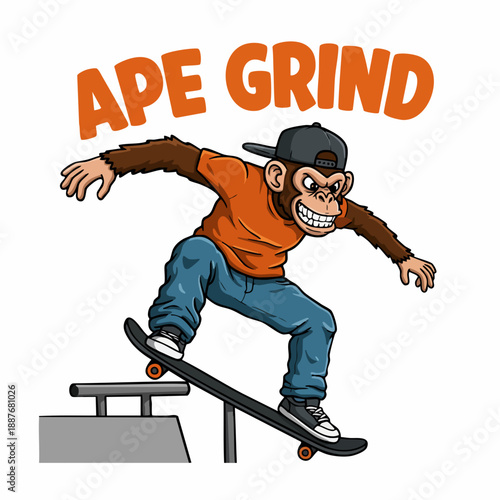 Cartoon Style Ape Grind Skateboarding Illustration Mascot for Apparel Design