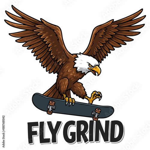 Cartoon Majestic Eagle Riding Skateboard Illustration for Apparel or Merchandise Design