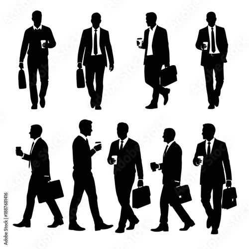Silhouettes of businessmen walking and using devices.