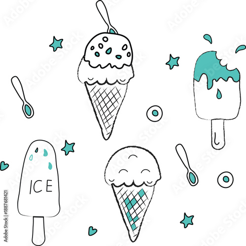 Ice cream and popsicle vector illustrations in hand drawn style for dessert design