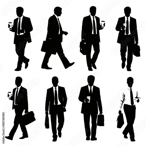 Silhouettes of businessmen walking and holding briefcases and coffee cups.