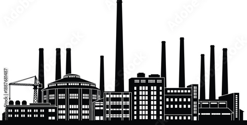 Industrial factory skyline silhouette illustration, manufacturing buildings with smokestacks, crane, urban heavy industry infrastructure, black vector cityscape design