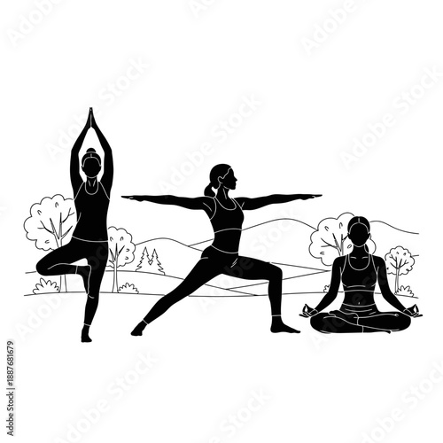 Three women practicing yoga in various poses outdoors.