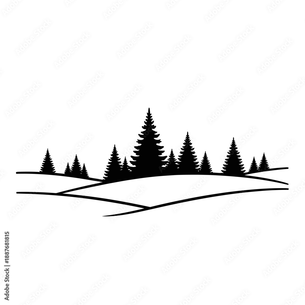Obraz premium Black silhouette of trees on rolling hills landscape.