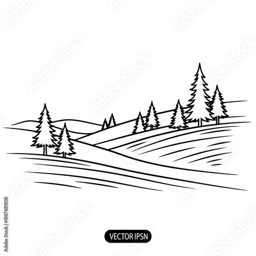 Black and white vector illustration of a serene landscape with rolling hills and pine trees.