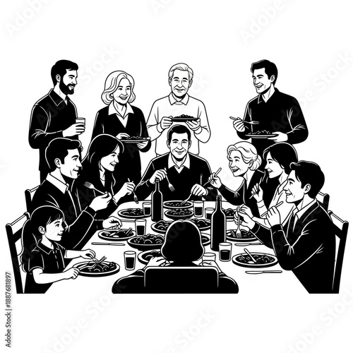 Group of people enjoying a meal together at a dinner table.