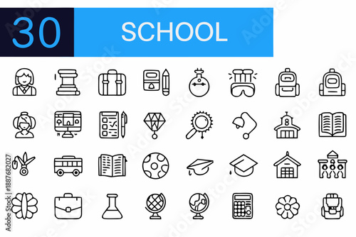 School supplies and education icons in a minimalistic line art style