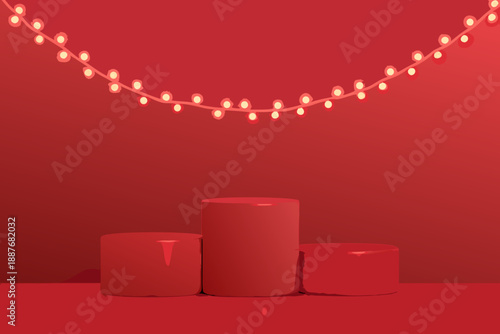 Red background with illuminated string lights and cylindrical platforms