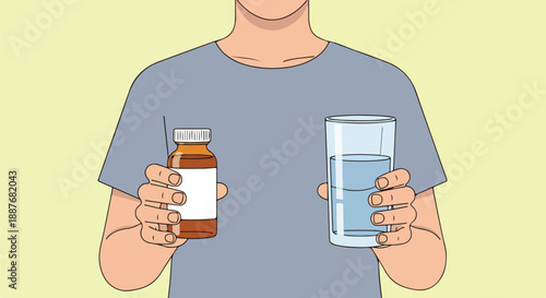 Person Holding Bottle of Medicine and Glass of Water