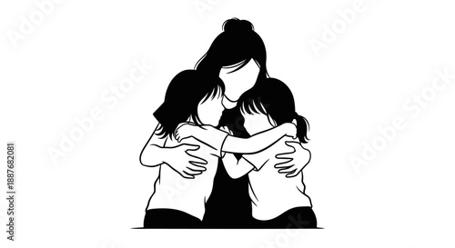 Mother Embracing Two Children in a Loving Hug.