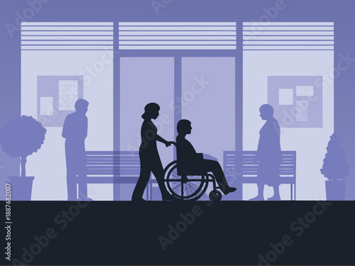 Hospital hallway scene with patients and staff in silhouette form