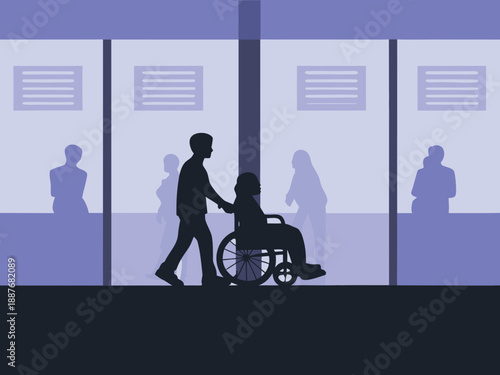 Silhouettes of people in a hallway with a person assisting someone in a wheelchair