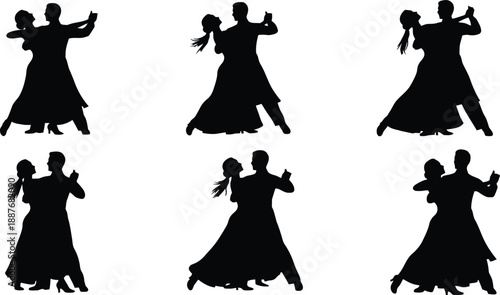 Silhouettes of couples dancing in various poses