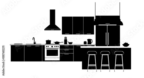 Modern Kitchen Interior Silhouette Design.