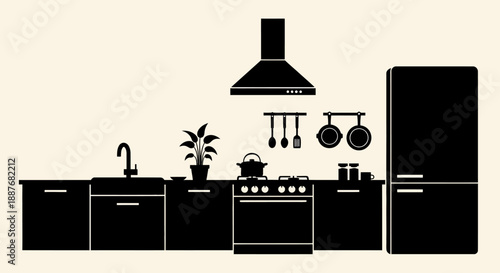 Modern Kitchen Silhouette with Appliances and Cabinets.