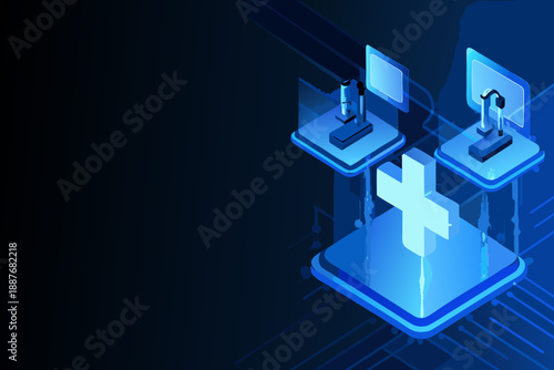 Isometric illustration of robotic arms medical cross and digital network connections