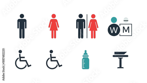 Collection of restroom and accessibility icons for public spaces.