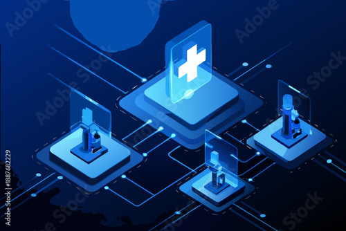 Digital healthcare concept with glowing isometric medical symbols and network connections