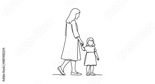 Mother and Daughter Walking Hand in Hand Simple Line Drawing.