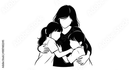 Mother Hugging Her Two Daughters Affectionately.