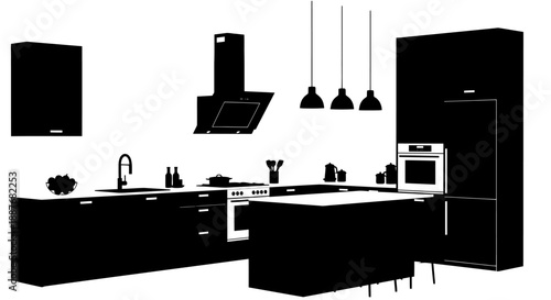 Modern Black Kitchen Interior Design Silhouette.