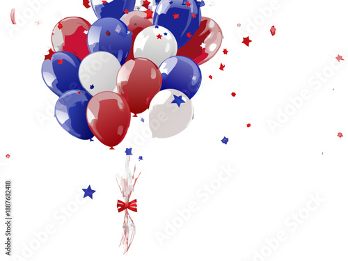 A vibrant cluster of red white and blue balloons against a dark backdrop