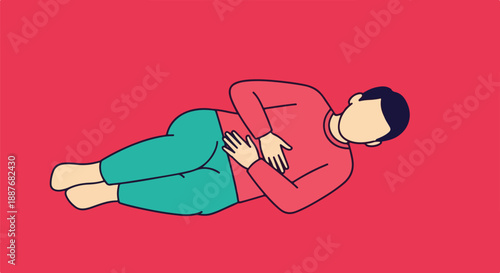 Person Lying Down and Holding Stomach, Graphic Illustration