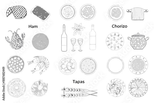 Variety of culinary delights seafood meats and tableware in monochrome style