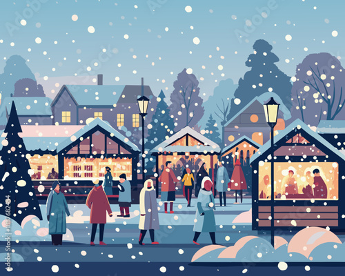Charming winter market scene with snow falling on cozy wooden stalls
