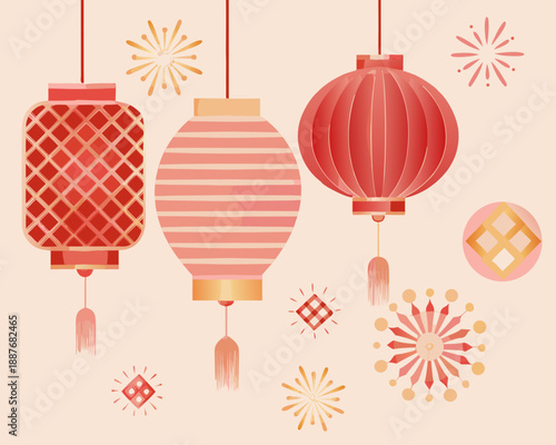 Festive red lanterns and sparkling firework illustrations on a soft peach background