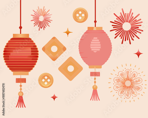 Festive decorations including lanterns firework shapes and buttons in a minimalist style