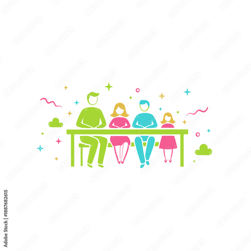 Fototapeta premium Family sitting together around a table in colorful illustration 